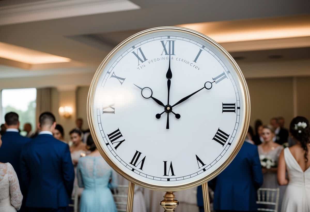 A clock showing the time gap between a wedding ceremony and reception, with guests waiting and looking at their watches