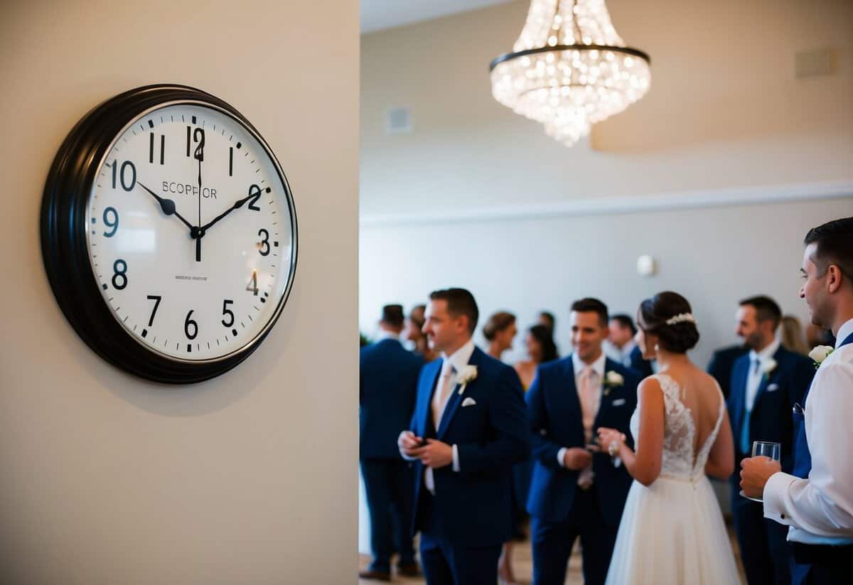 A clock on the wall shows the time gap between a wedding and reception, with guests waiting and chatting in the background