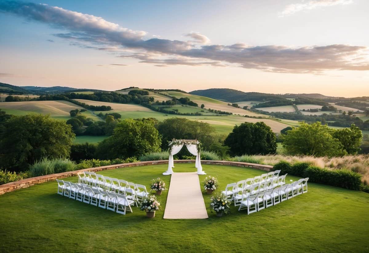 A scenic outdoor venue with a picturesque landscape, featuring a charming ceremony area and a spacious reception space, set against a backdrop of rolling hills and lush greenery