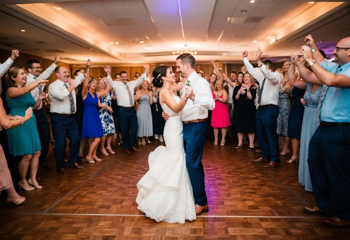 A couple stands at the center of a crowded dance floor, surrounded by cheering guests, as they prepare to share their first dance together
