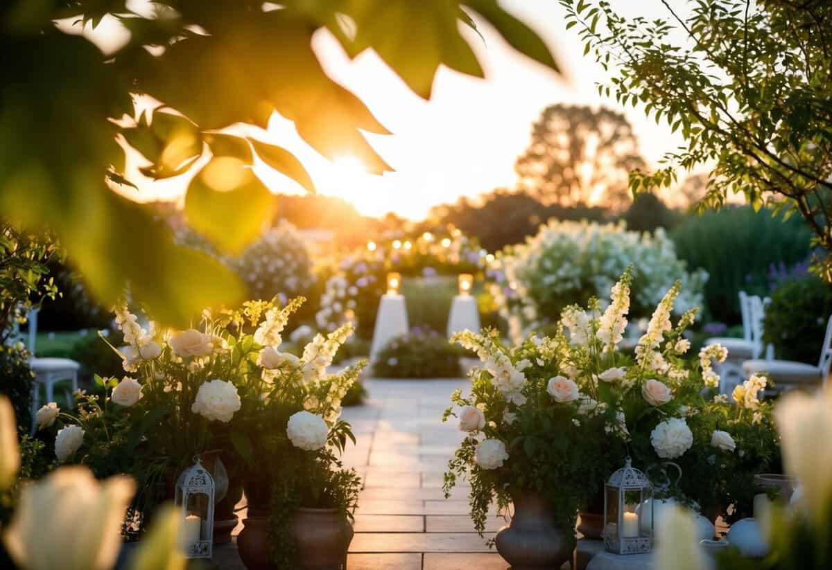 Soft golden light filters through a tranquil garden, casting a warm glow on blooming flowers and elegant decor, creating a serene setting for an evening wedding