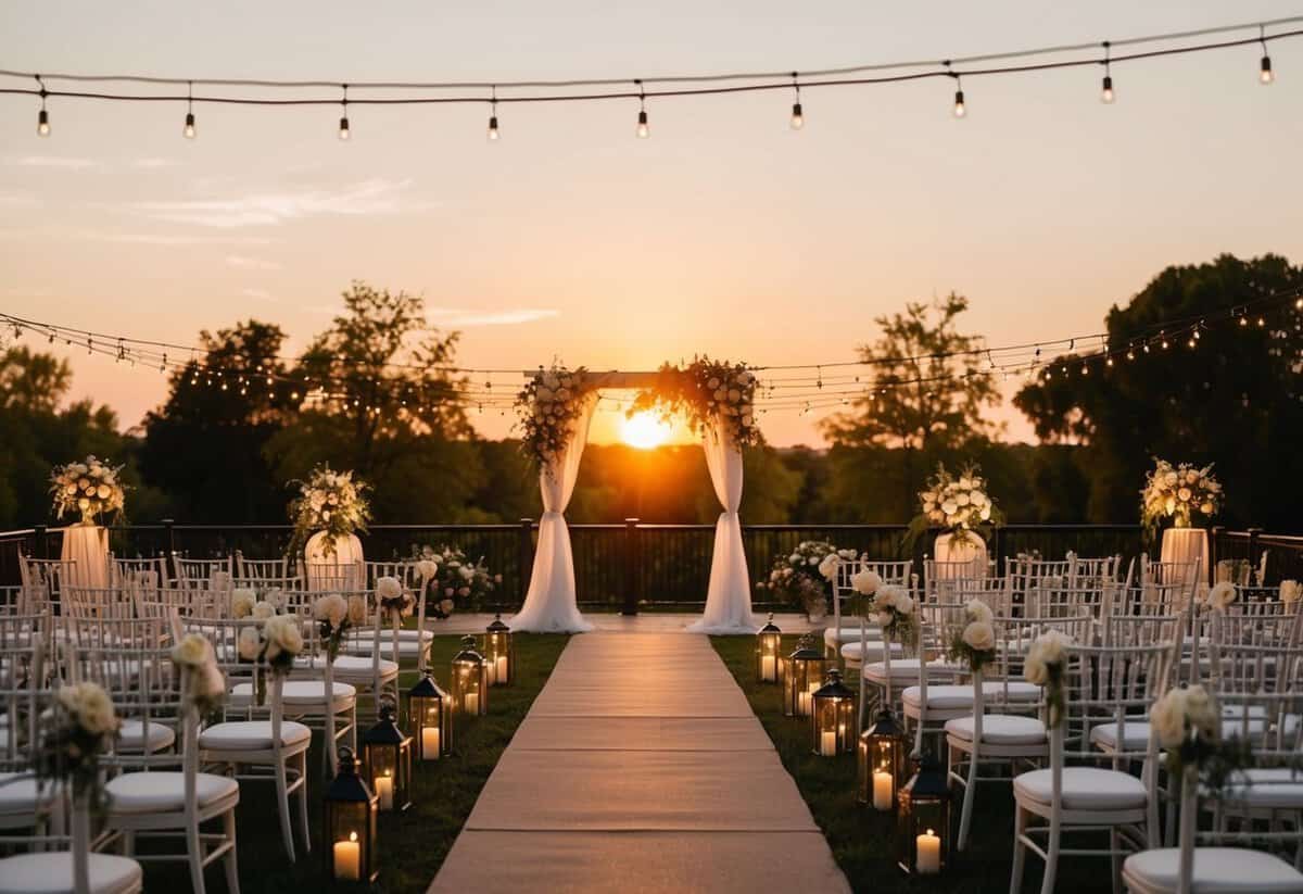 A warm, golden sunset over a serene outdoor wedding venue, with twinkling lights and elegant decor setting the stage for a romantic evening ceremony
