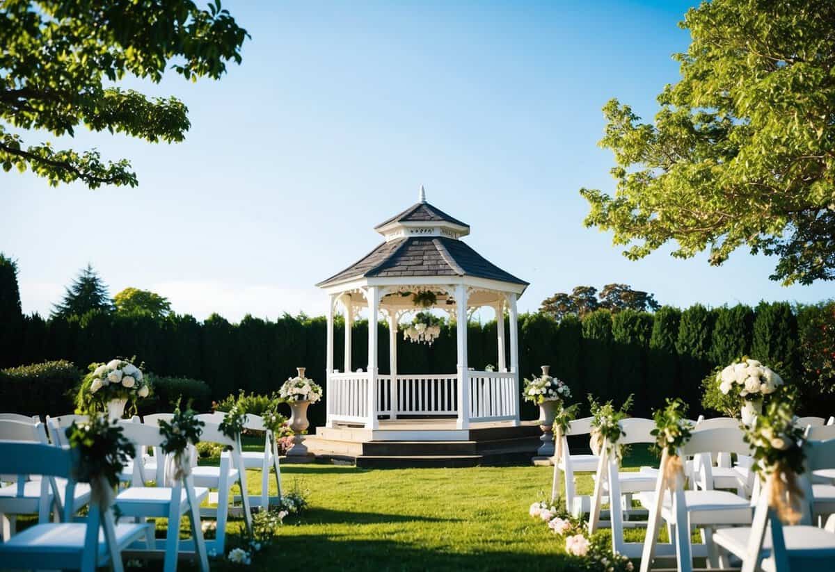 A bright, sunny outdoor wedding ceremony with a clear blue sky and lush greenery surrounding a beautiful gazebo adorned with flowers and decorations