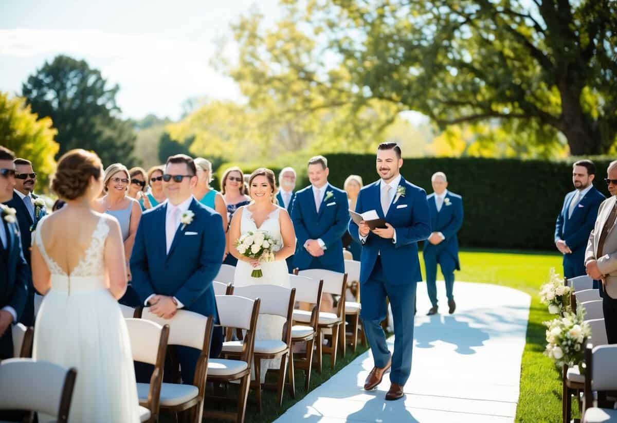 A sunny outdoor wedding ceremony at 12pm with guests arriving and taking their seats, as the bride and groom prepare to exchange vows