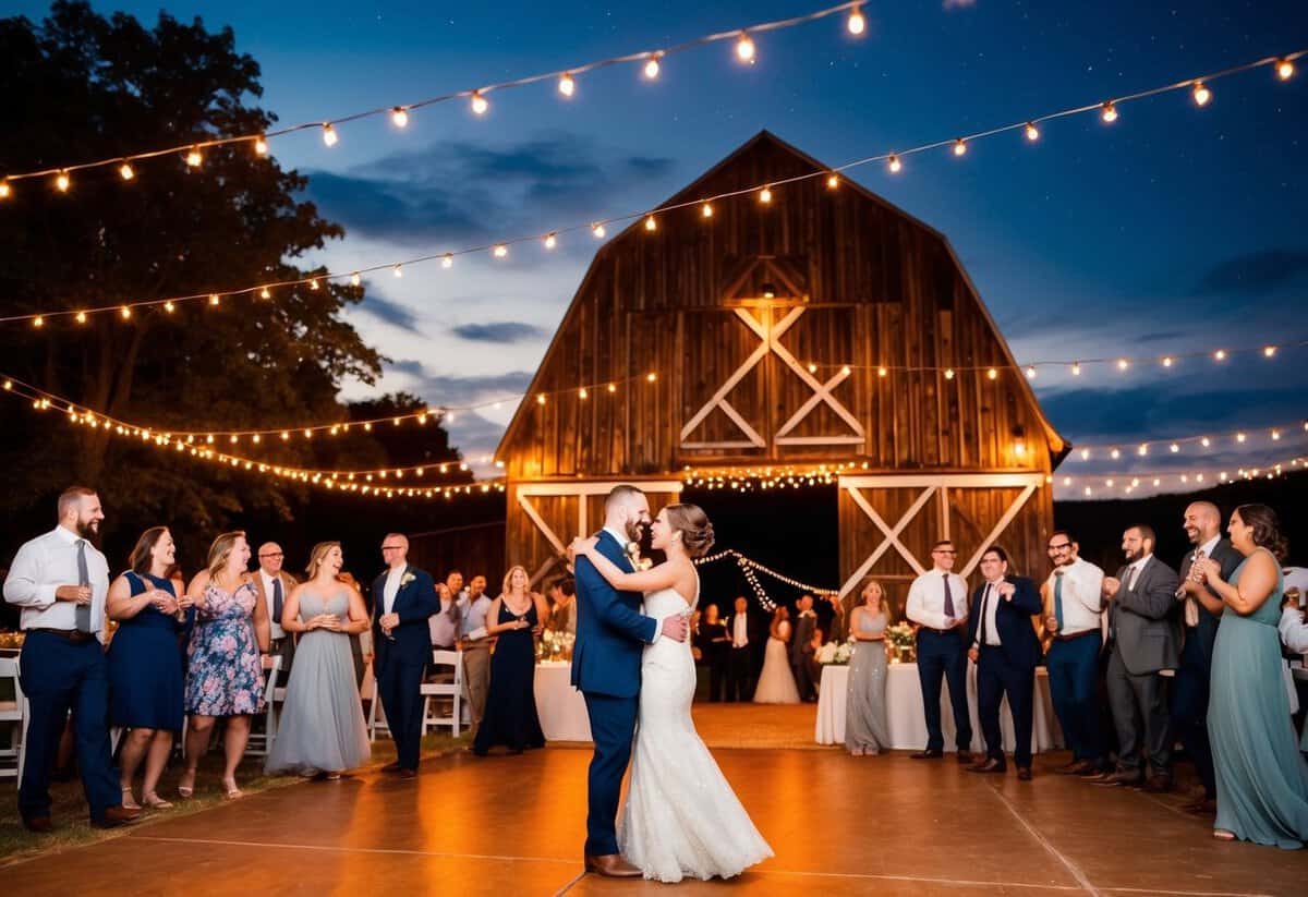 The sun sets behind a rustic barn as twinkling lights illuminate the outdoor reception area. A couple dances under the starry sky, surrounded by friends and family