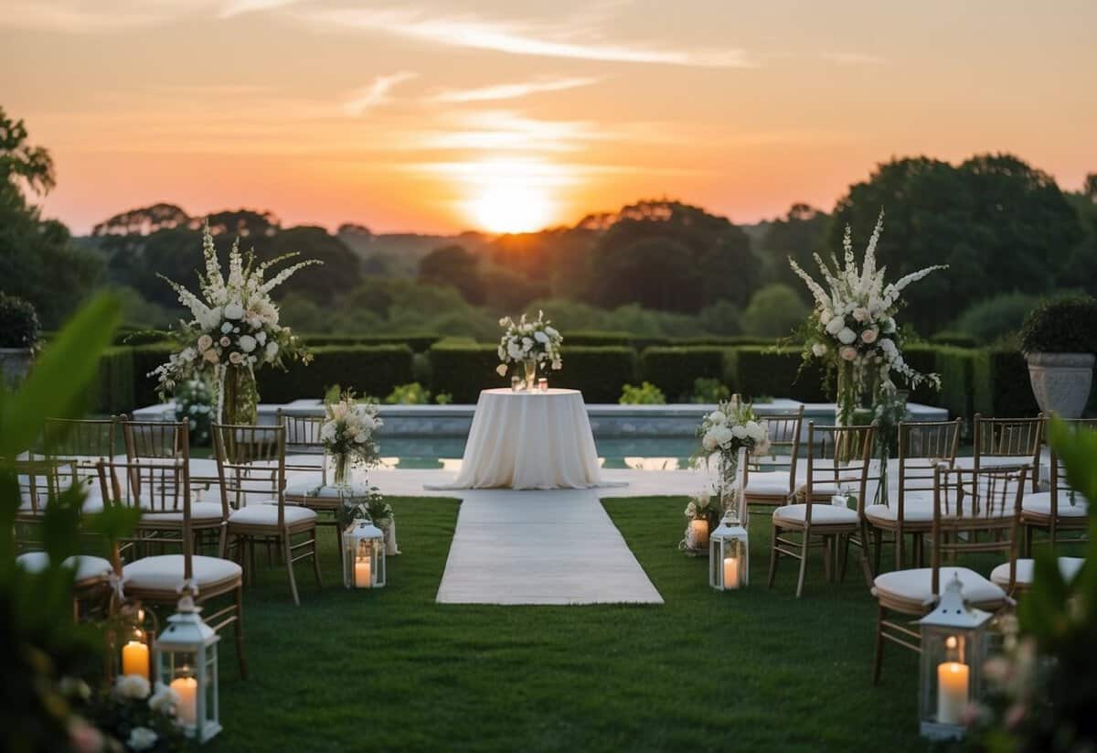 A serene sunset over a tranquil garden setting, with soft lighting and elegant decor, creating the perfect ambiance for an evening wedding