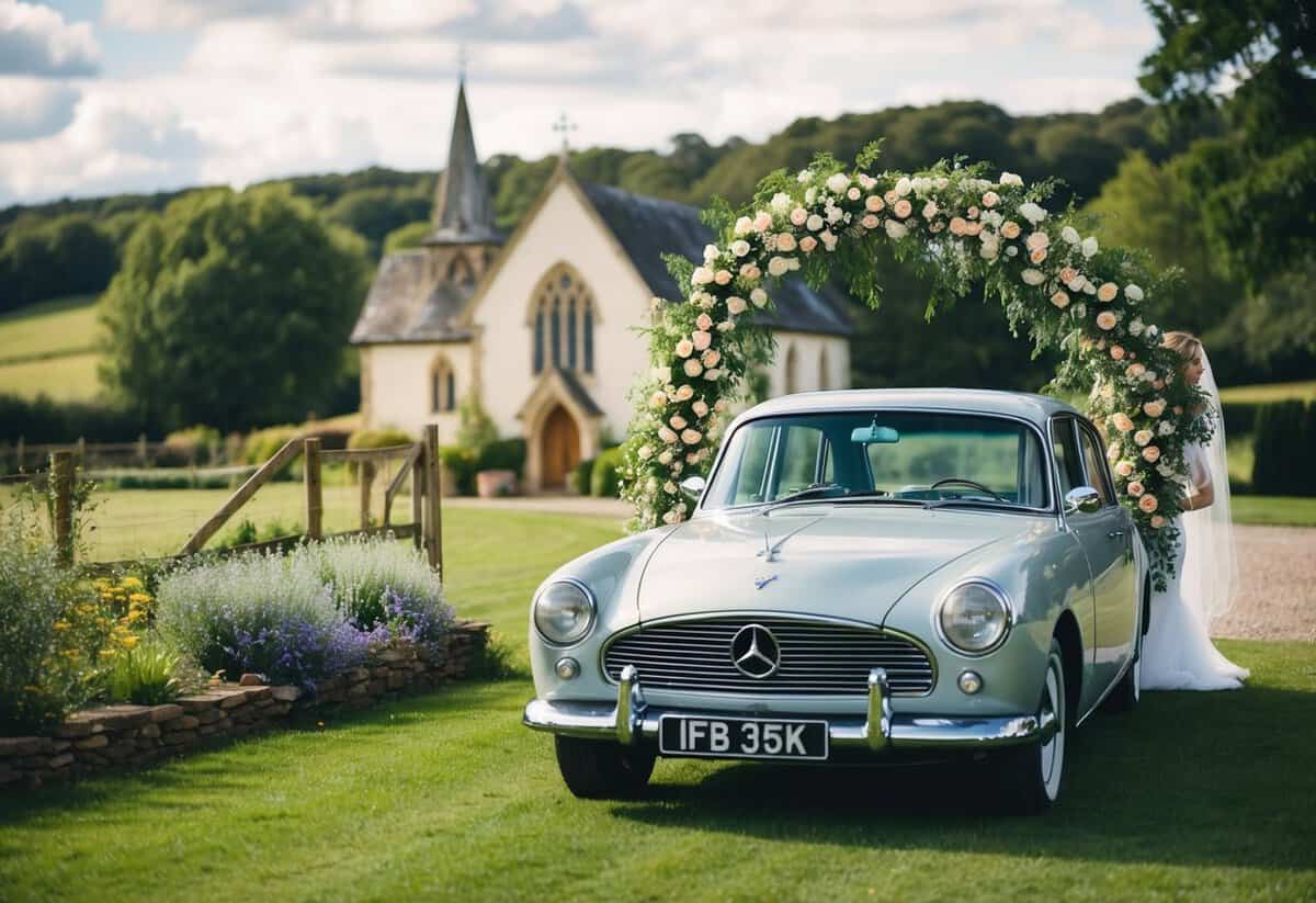 A picturesque countryside wedding with a floral arch and a vintage car parked outside a quaint church