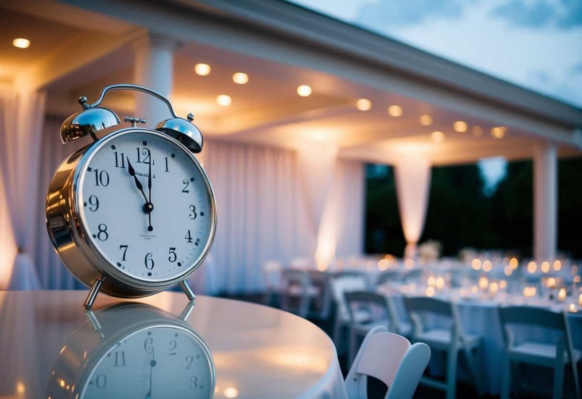 A wedding venue with a clock showing 11 PM, indicating the end time for weddings as per legal requirements and venue expectations