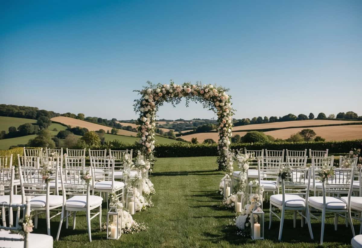 A sunny outdoor wedding ceremony with a picturesque view of the rolling countryside, adorned with floral arches and elegant seating arrangements