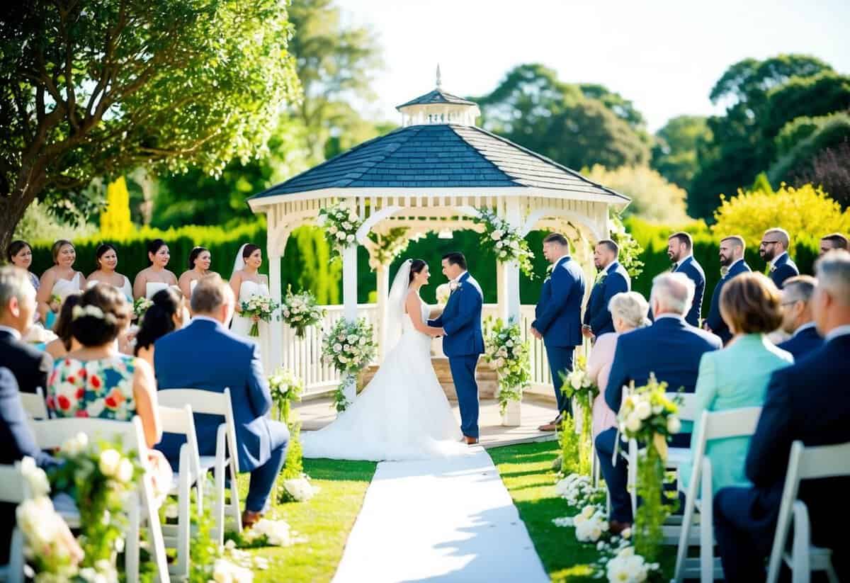 A sunny outdoor wedding ceremony in a picturesque garden setting, with a gazebo adorned with flowers and surrounded by happy guests