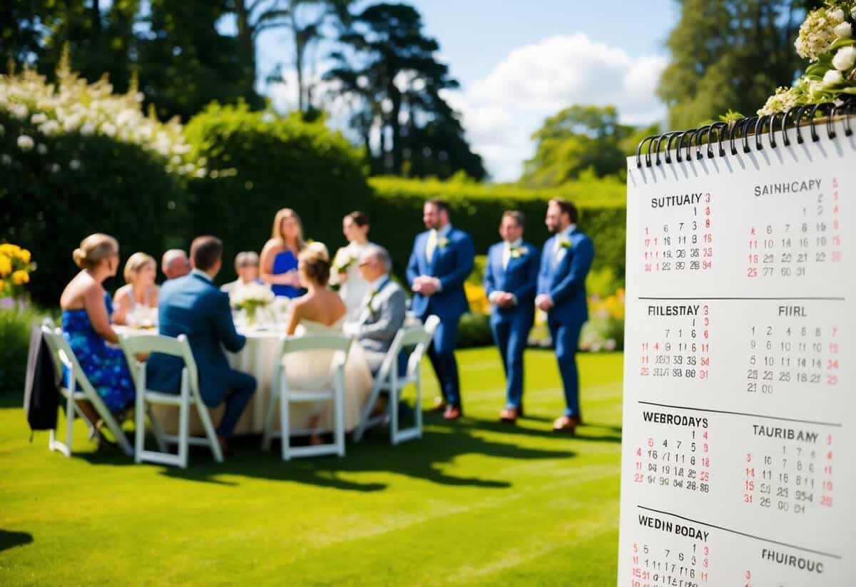 A sunny outdoor wedding with guests enjoying a garden setting, while a nearby calendar shows weekends and holidays circled