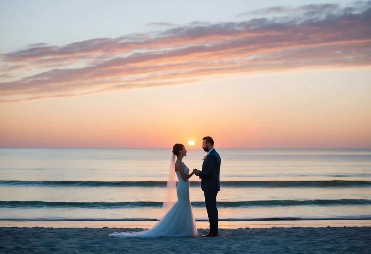A serene, empty beach at sunset, with a lone couple exchanging vows under a colorful sky