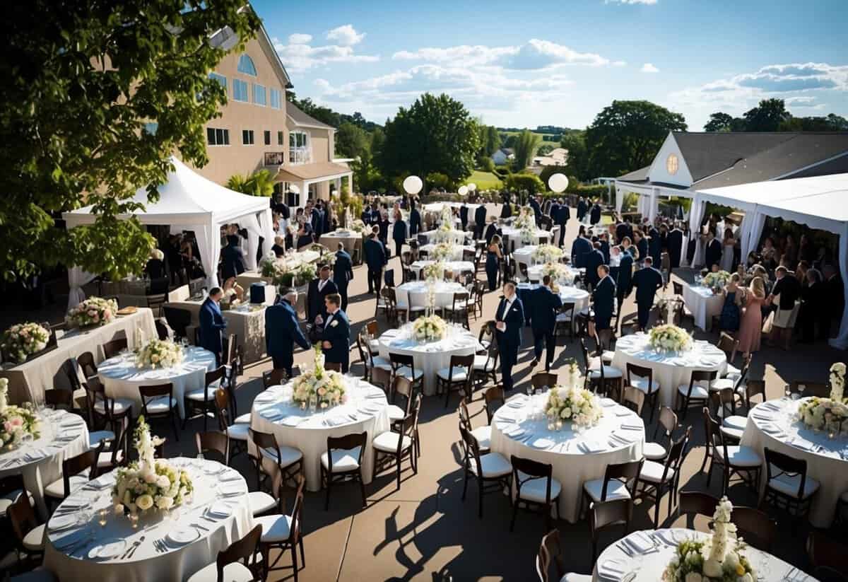 A bustling wedding venue on a sunny Saturday, with vendors setting up and guests arriving. Tables are adorned with elaborate centerpieces and the air is filled with excitement