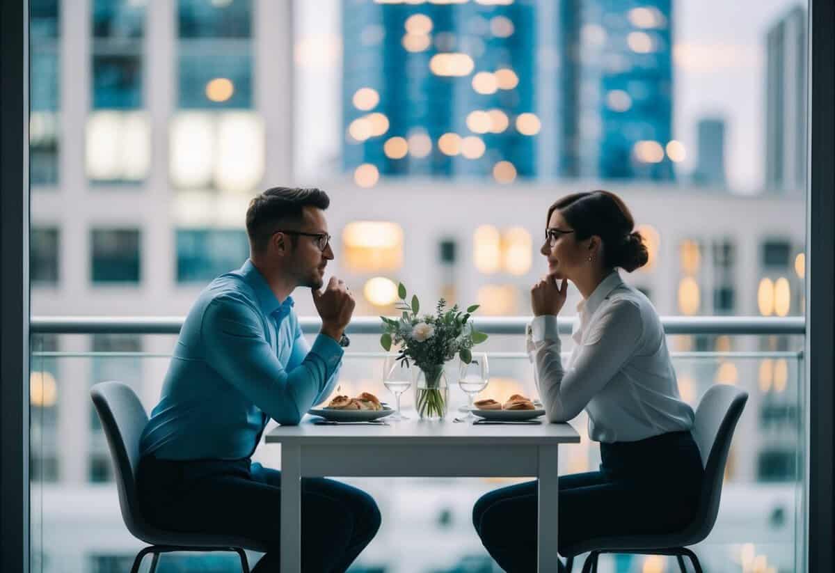 A couple sitting at a table, with one partner doing 80% of the talking while the other listens attentively, representing the 80/20 rule in marriage
