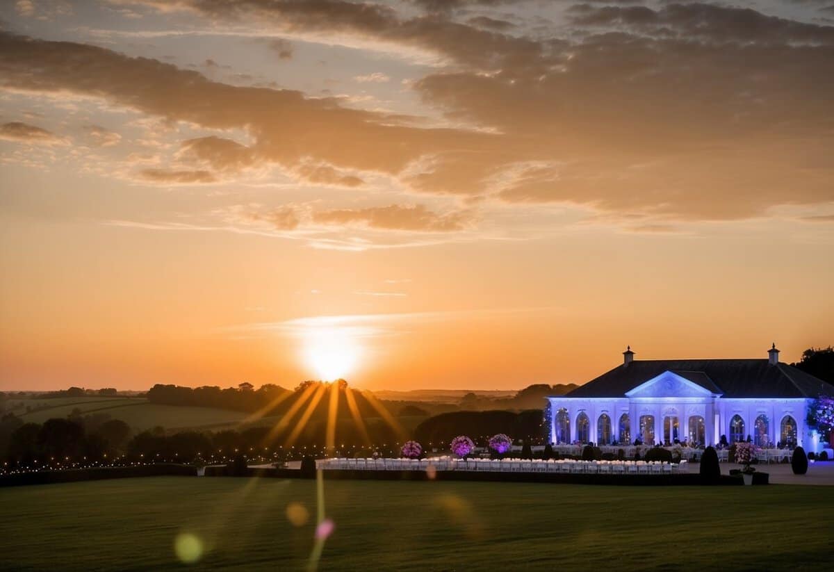 The sun sets over a picturesque countryside setting, with a grand and elegant venue in the background, adorned with twinkling lights and floral decorations