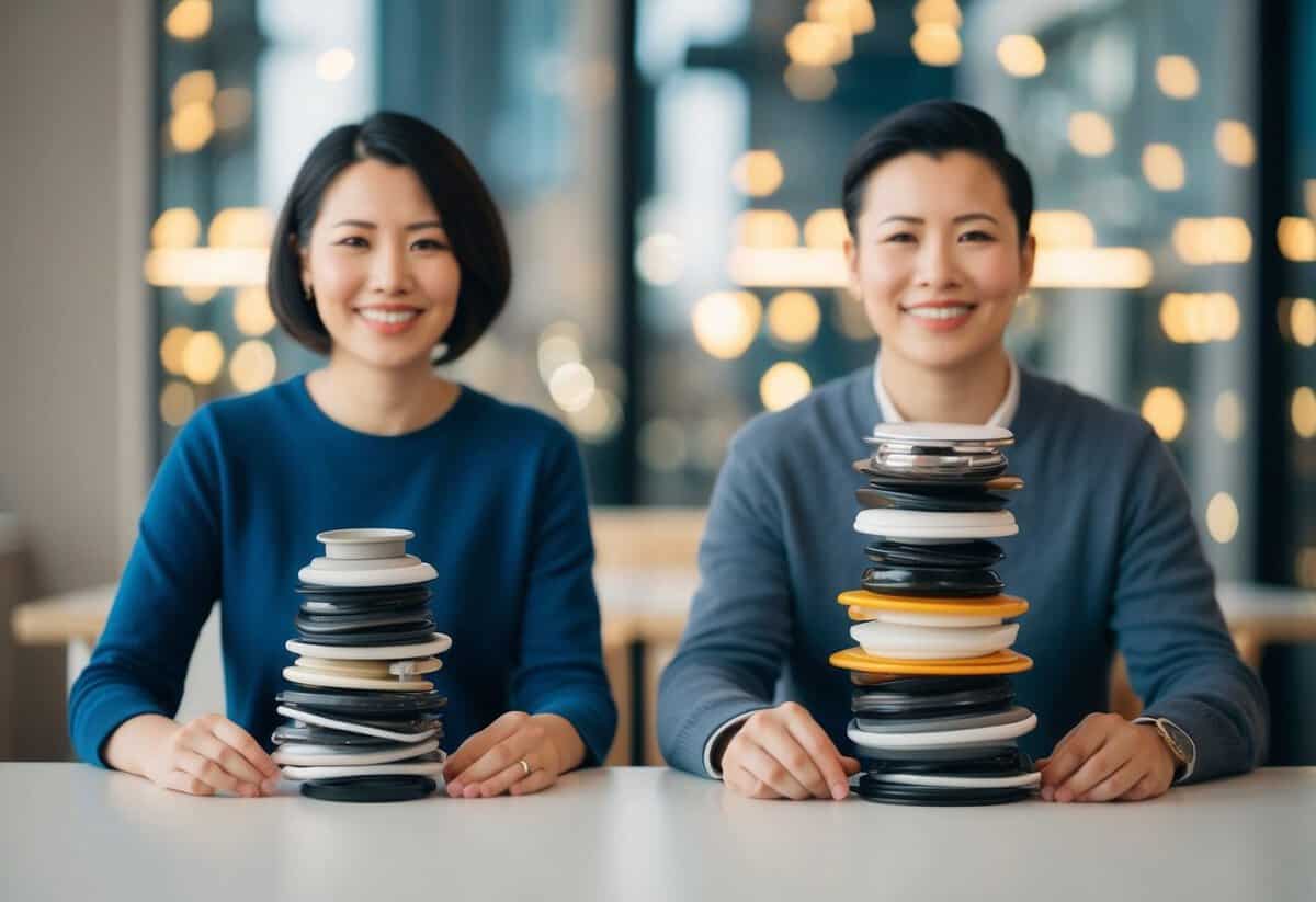 A couple sitting at a table, each with a pile of objects. One person has a small stack, the other a large stack, representing the 80-20 rule in marriage