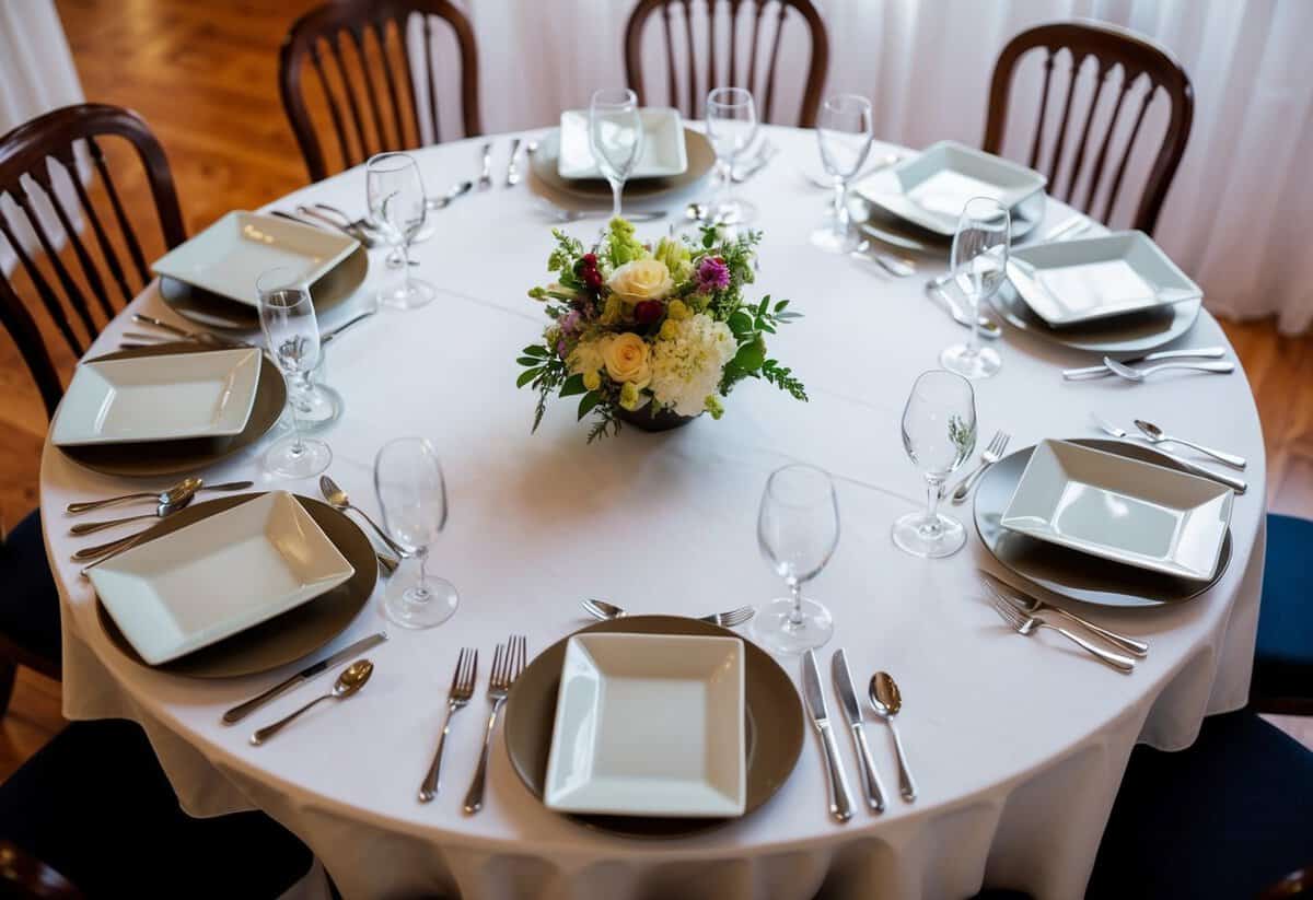 A circular table with seven place settings, each with two chairs facing each other