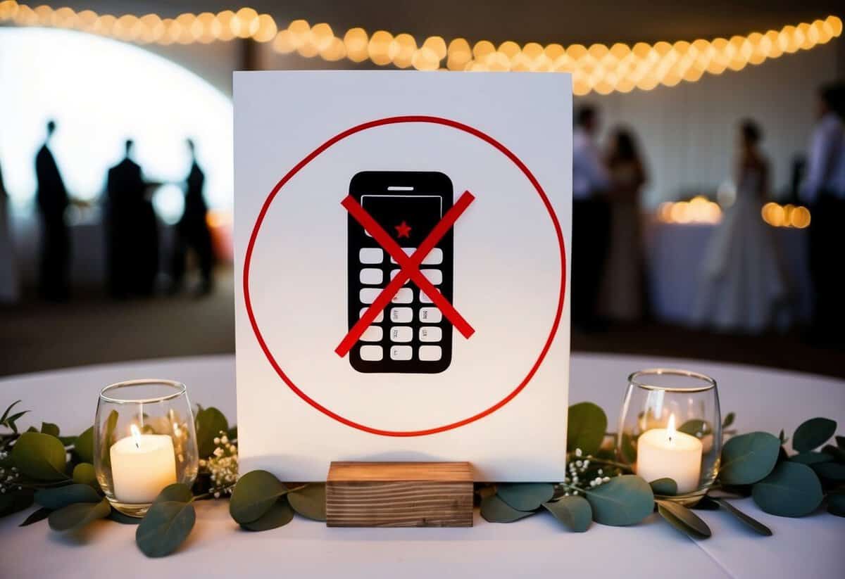 A wedding reception with a sign showing a phone with a red X over it, surrounded by a circle with a line through it