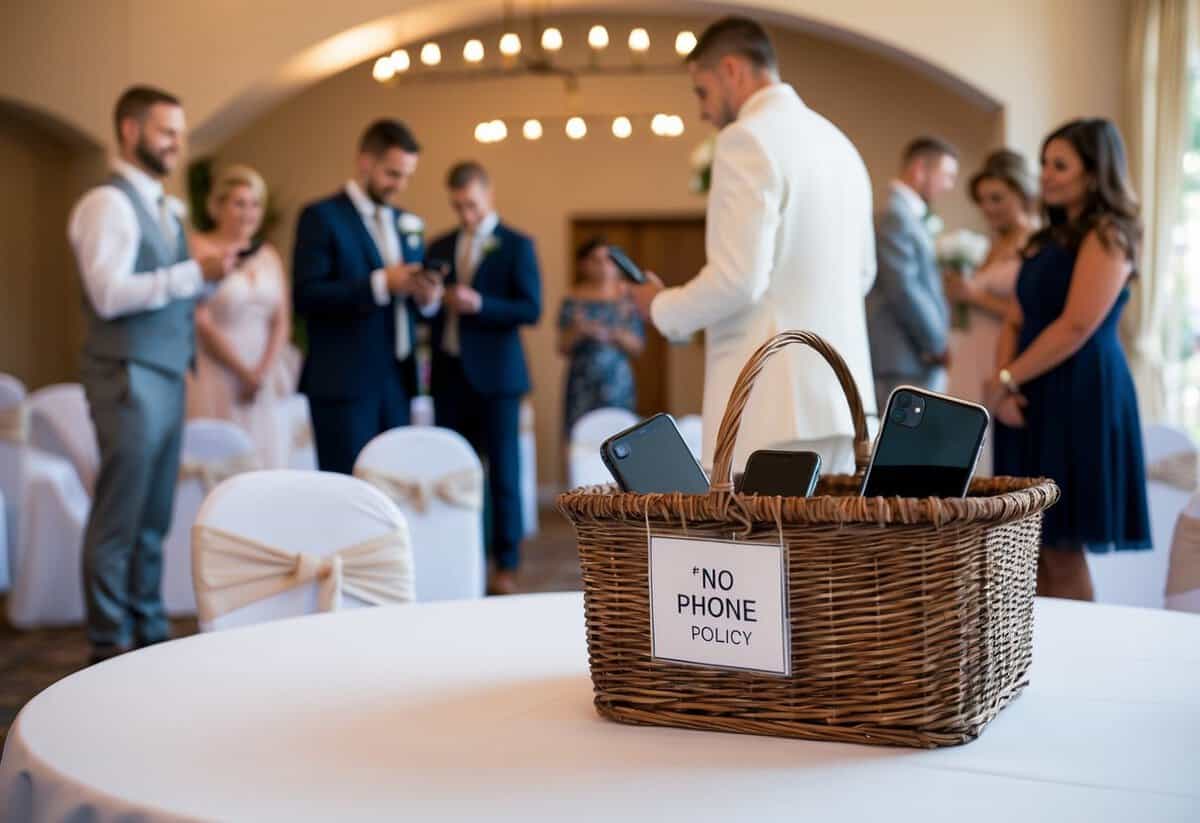 Guests placing their phones in a designated basket before entering a wedding venue, with a sign indicating a "no phone" policy