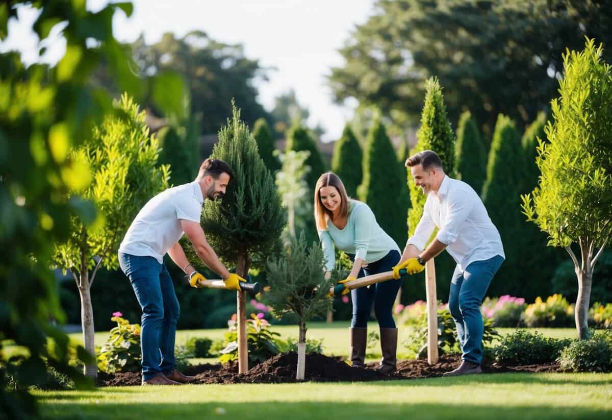 A couple planting seven trees together in a lush garden, symbolizing their commitment to nurture and grow their bond beyond the "rule of 7" for married couples