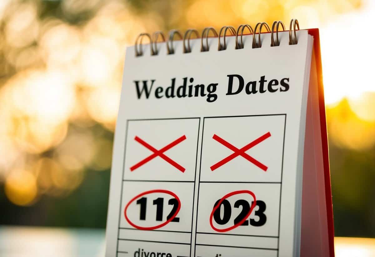 A calendar with wedding dates crossed out and divorce dates circled