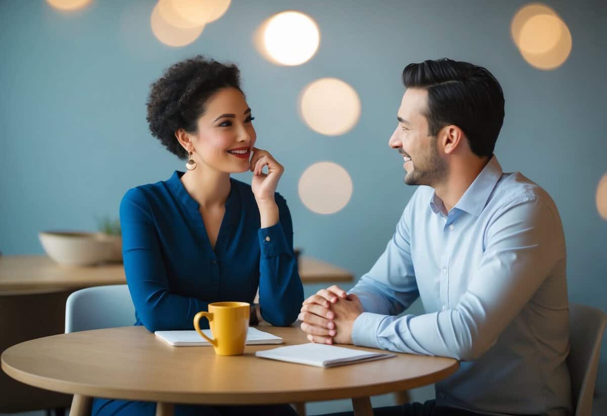 A couple sits at a table, one partner listening attentively while the other speaks, illustrating the 60 40 rule in marriage