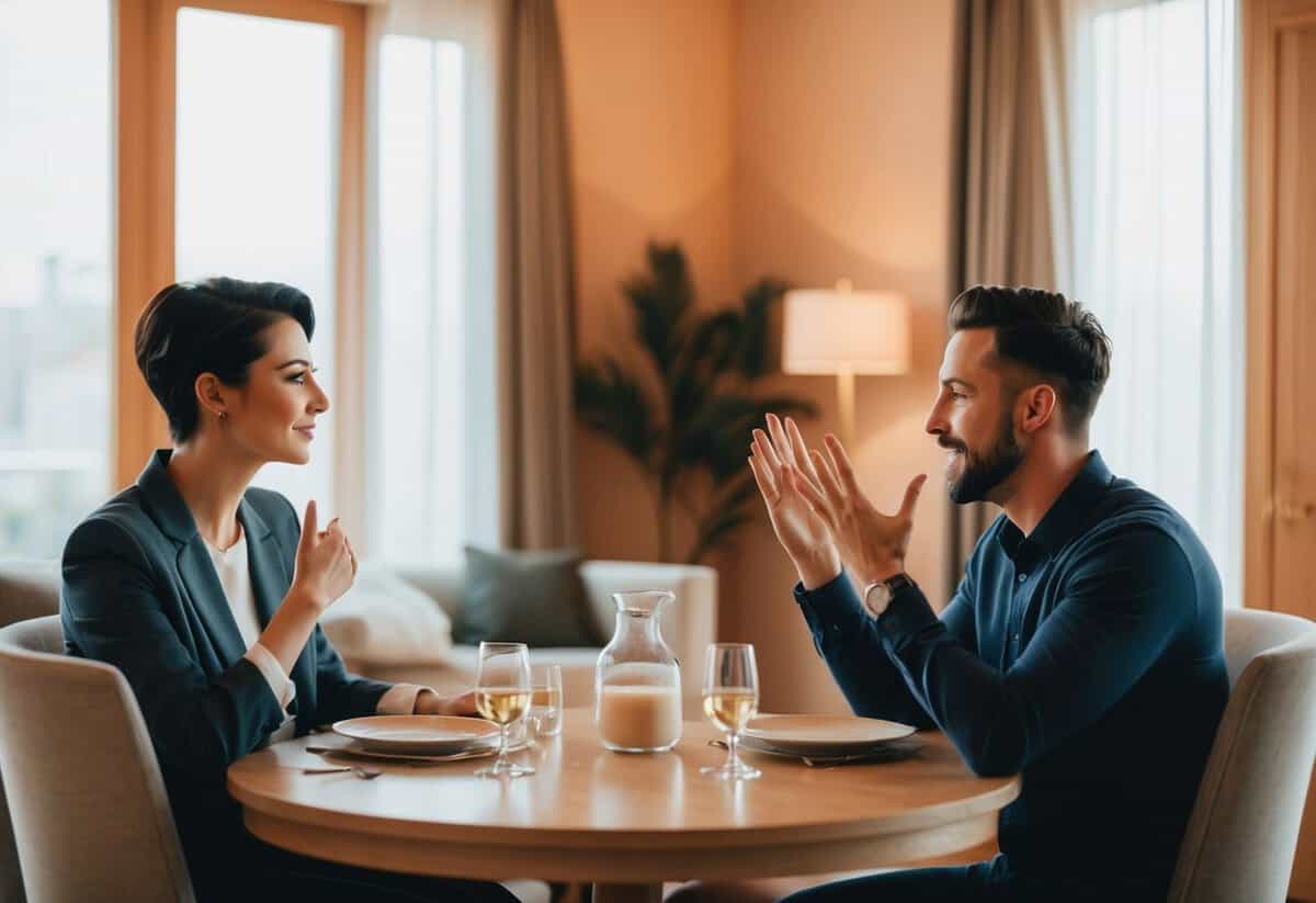 A couple sits at a table, one partner listening intently while the other gestures and speaks passionately. The room is warm and inviting, with soft lighting and comfortable furniture