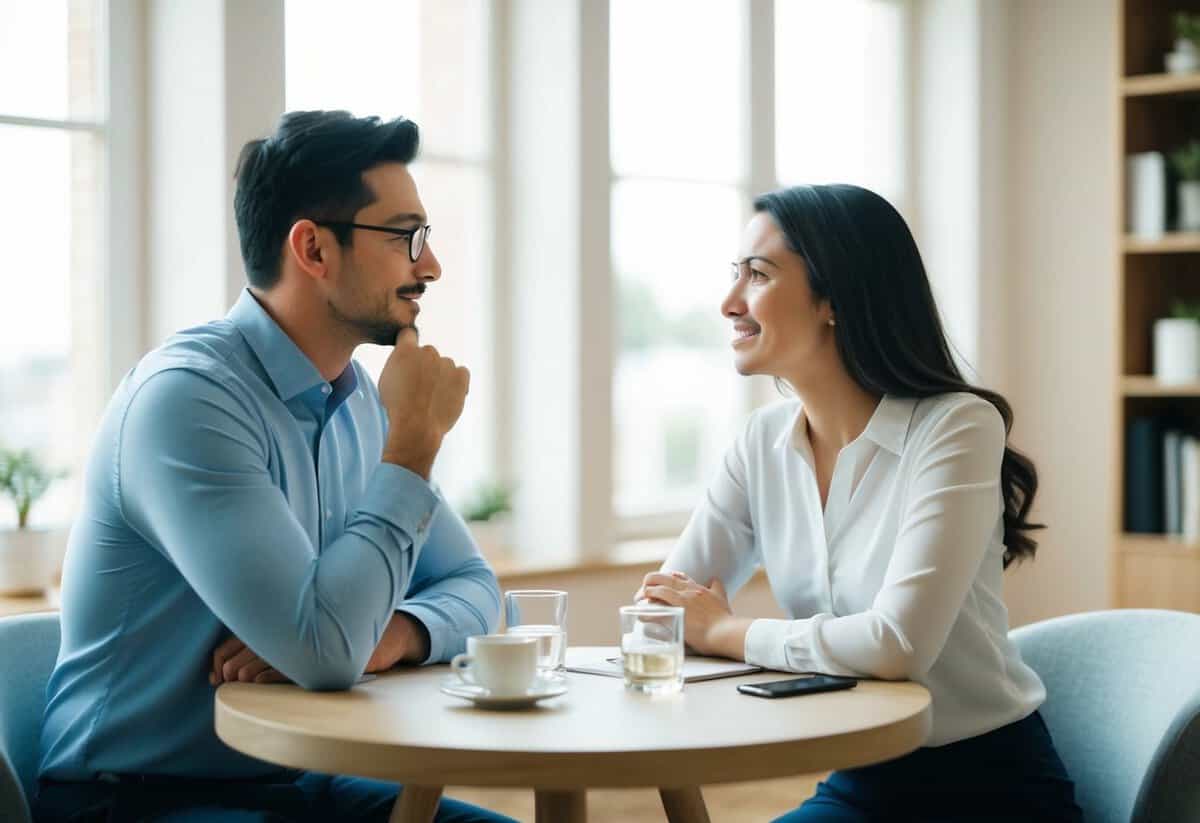 A couple sitting at a table, one partner listening attentively while the other speaks, indicating a balanced conversation in their marriage
