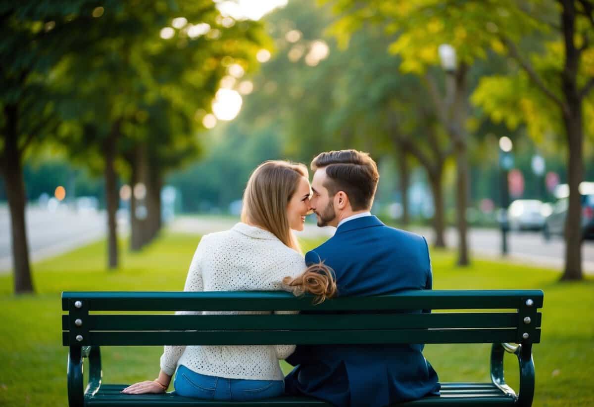 A couple sits on a park bench, one leaning in while the other listens attentively, symbolizing the 70 30 rule in a relationship