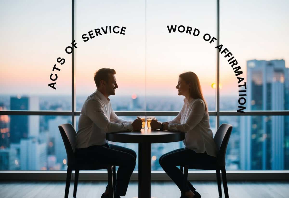 A couple sits at a table, one side filled with acts of service, the other with words of affirmation. The balance of love languages is clear