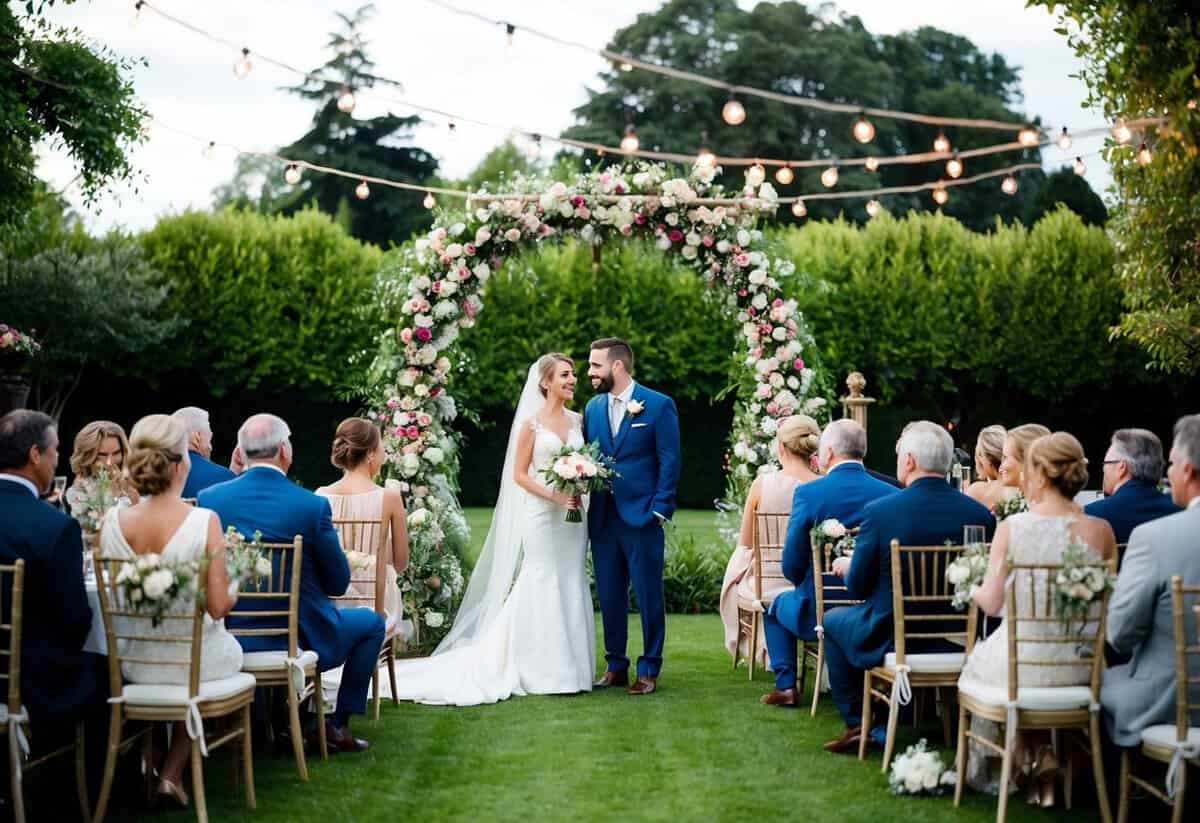 A bride and groom stand under a floral arch with 60 guests seated in a lush garden. Tables are adorned with elegant centerpieces and twinkling lights create a romantic atmosphere