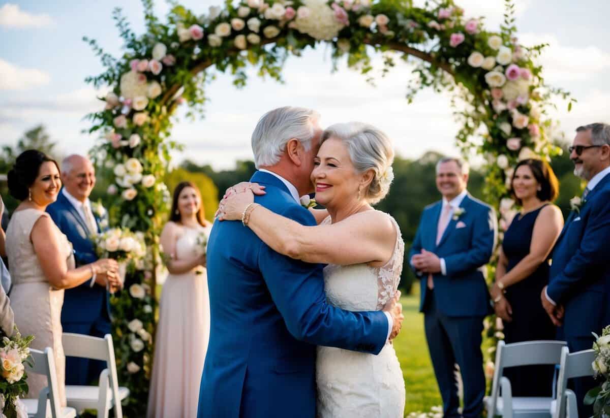 A silver-haired couple embraces under a blooming arbor, surrounded by family and friends, celebrating their love with a joyous wedding ceremony