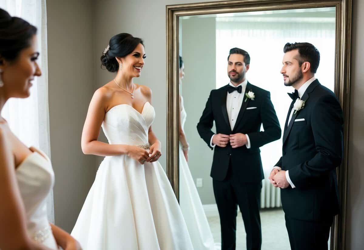 A bride and groom stand in front of a mirror, trying on different wedding attire. The bride wears a white gown while the groom tries on a black tuxedo