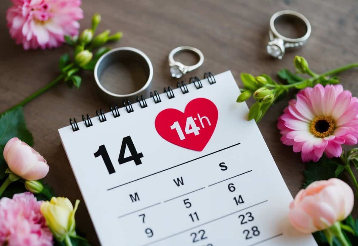 A calendar with a heart-shaped sticker marking the 14th day, surrounded by flowers and a wedding ring