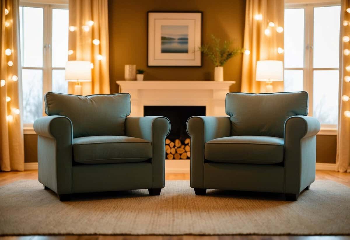 A cozy living room with two empty chairs facing each other, surrounded by warm lighting and a serene atmosphere