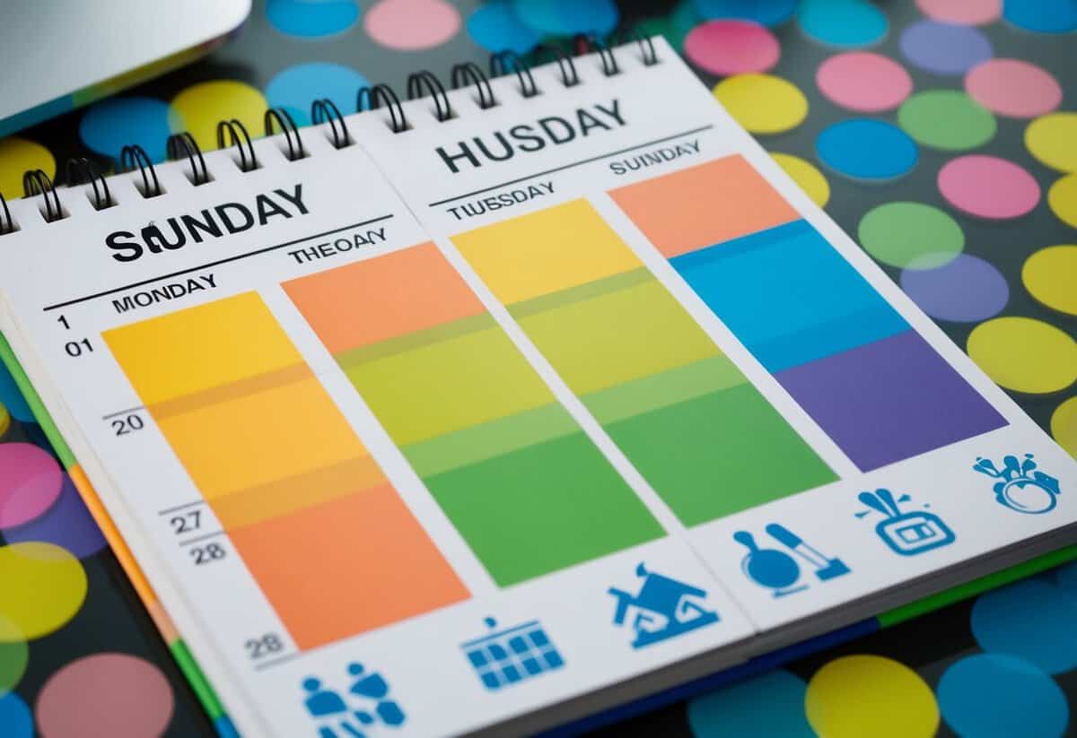 A calendar with two weeks marked off in contrasting colors, surrounded by symbols of different activities such as dates, outings, and hobbies
