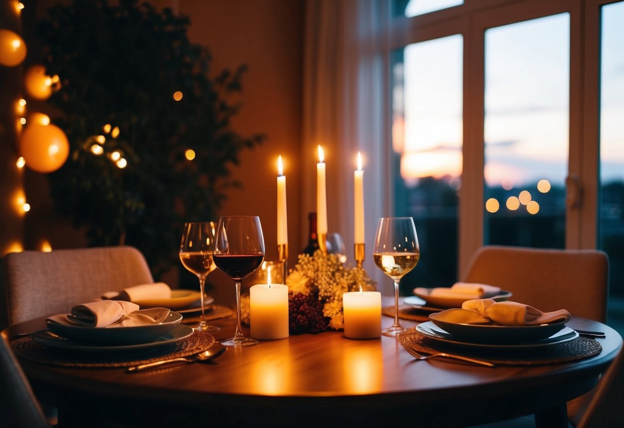 A cozy dining table set for two with candles and wine, surrounded by warm lighting and a romantic atmosphere