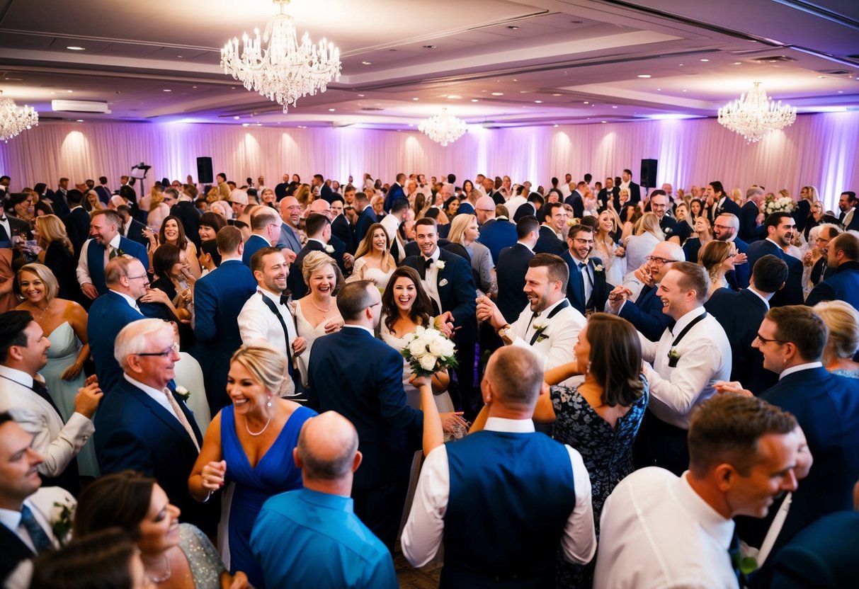 A crowded wedding venue with 200 guests celebrating, dancing, and socializing