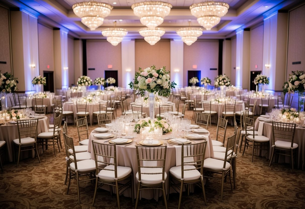 A grand banquet hall filled with elegantly set tables and chairs, adorned with floral centerpieces and twinkling lights, ready for a wedding celebration with 200 guests