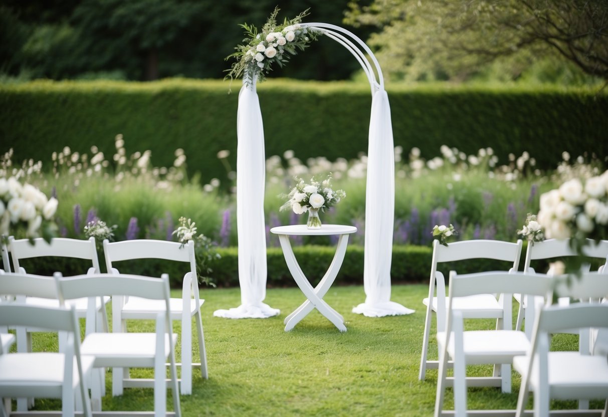 A small outdoor ceremony with a few chairs, a simple arch, and a small table for the couple. A beautiful garden surrounds the area