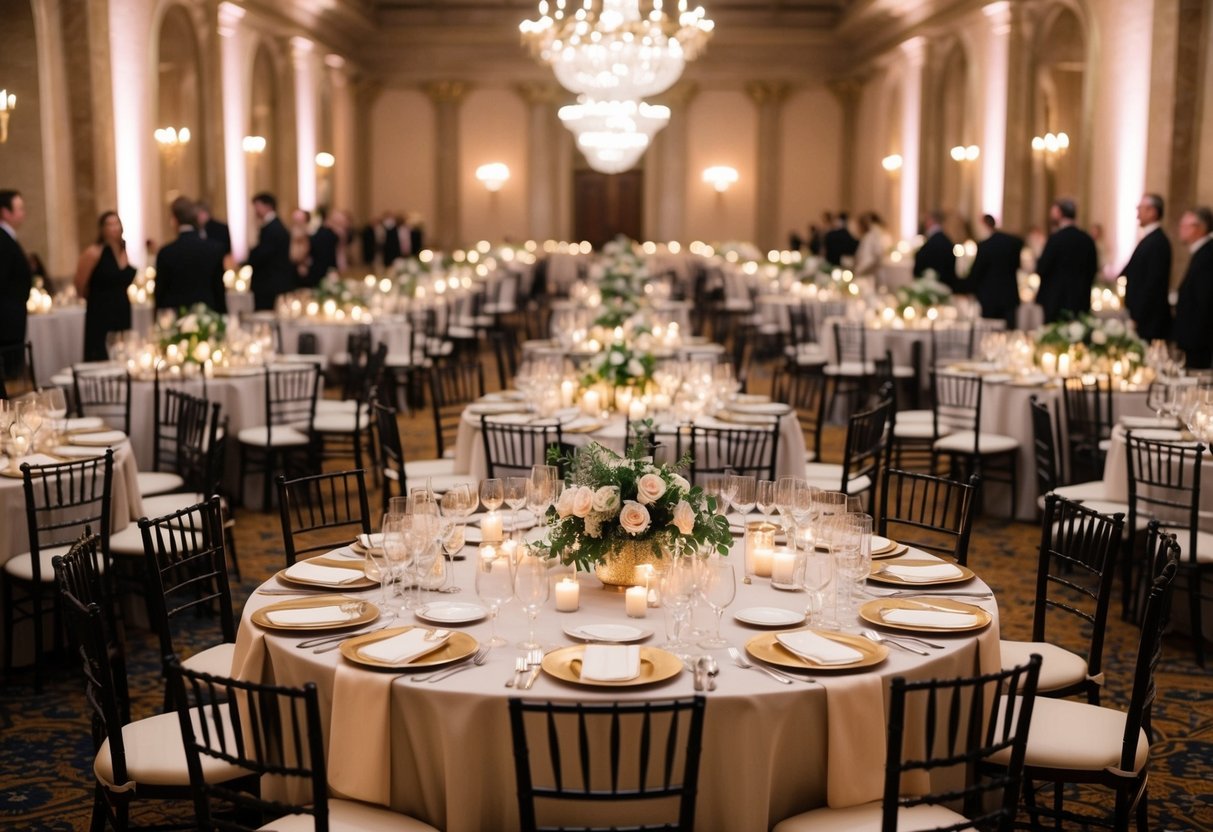 A grand banquet hall filled with elegantly set tables for 200 guests, adorned with floral centerpieces and soft candlelight