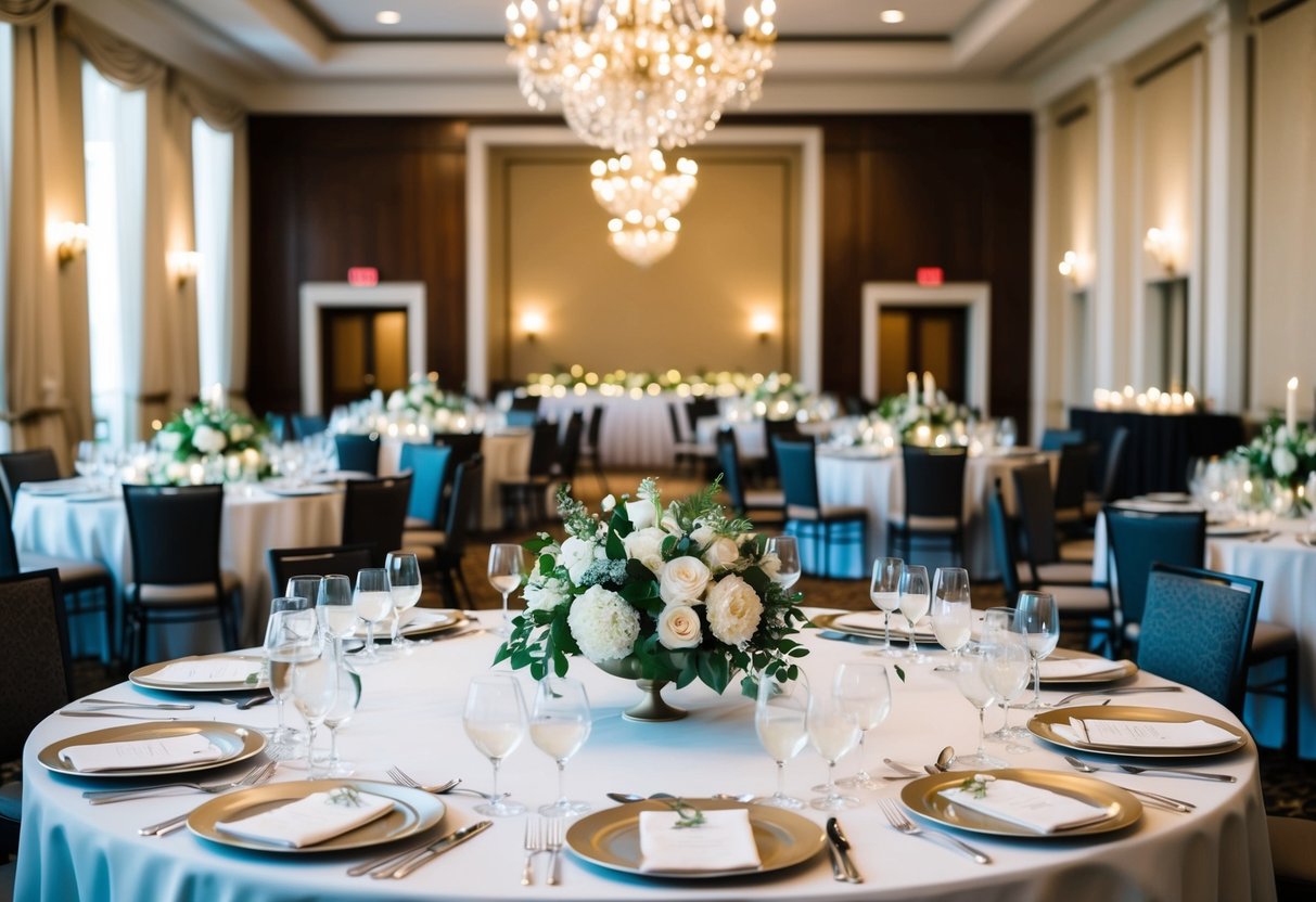 A grand banquet hall with elegant table settings and floral centerpieces, ready to accommodate 200 guests for a wedding celebration