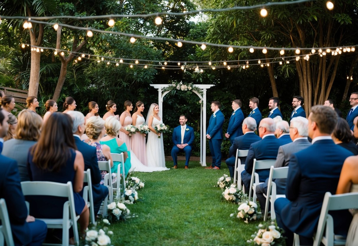 A small outdoor ceremony with a handful of guests seated in a lush garden, surrounded by twinkling lights and a simple yet elegant archway