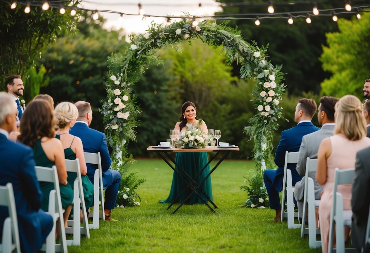 A small outdoor ceremony with a decorated arch, surrounded by lush greenery and twinkling string lights. A small table is set for a cozy dinner for the intimate gathering