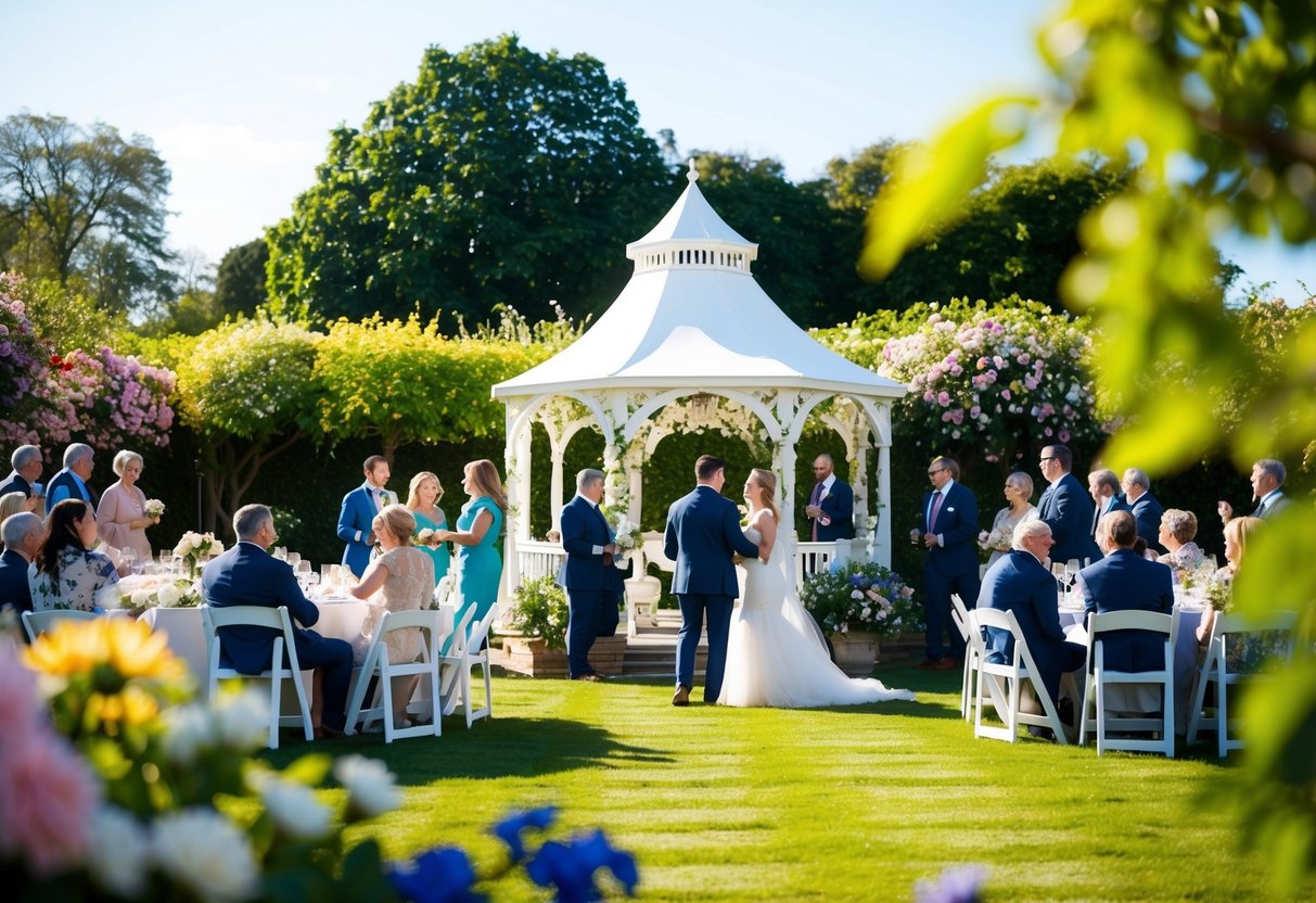 A sunny garden with blooming flowers and a decorated gazebo, filled with guests celebrating a wedding