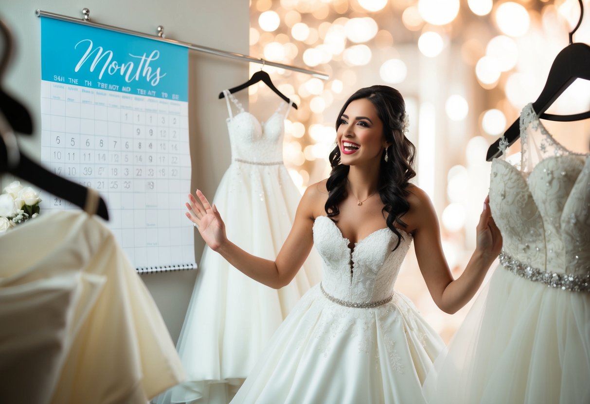 A bride-to-be surrounded by wedding dress options, with a calendar showing the upcoming months and a sense of excitement in the air