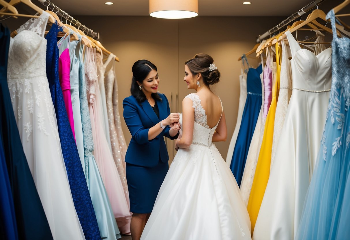 A bride-to-be surrounded by a variety of wedding dresses, with a consultant helping her make her final selection