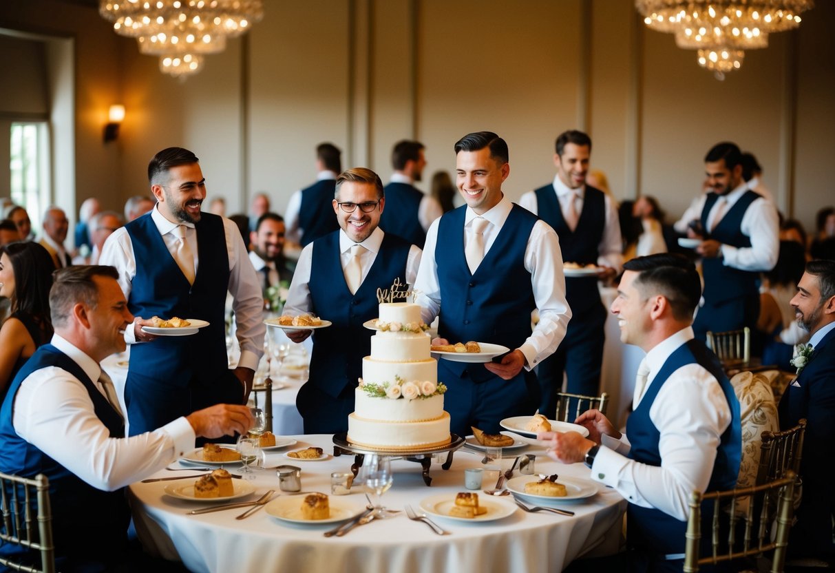 Guests gather around tables, chatting and laughing. Waiters bring out plates of dessert as the wedding cake is wheeled in