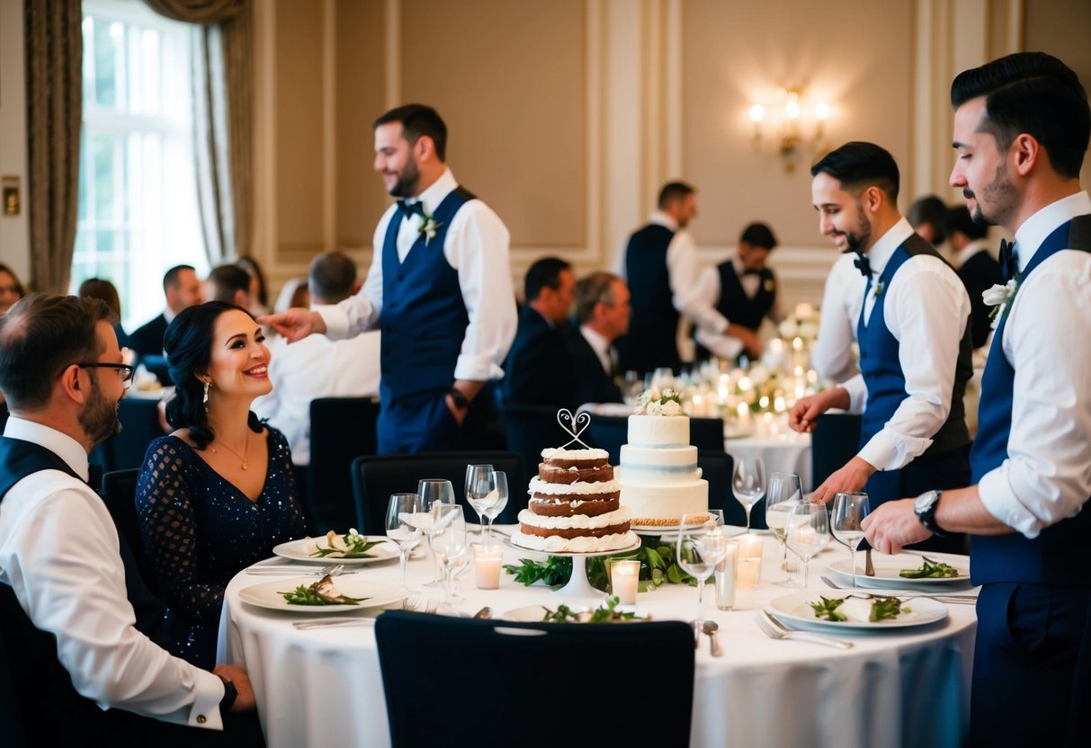 Guests mingle at tables, enjoying dinner. Waiters clear plates and set up a dessert table with a wedding cake