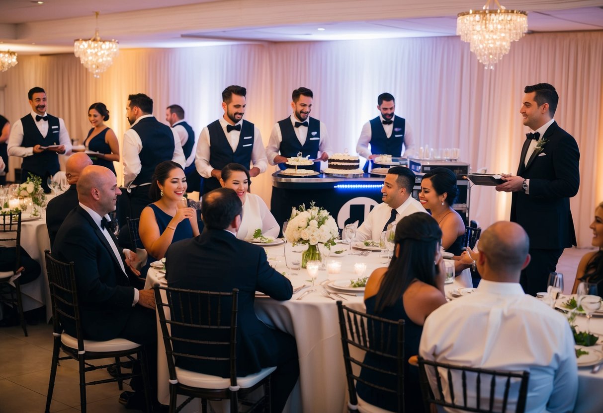Guests chatting at tables, while waitstaff clear dinner plates and set up cake table. DJ plays background music as anticipation builds